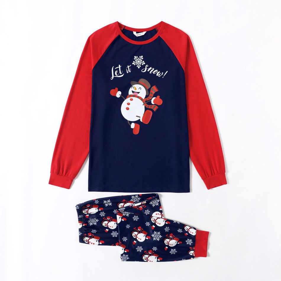 Christmas Family Matching Snowman & Letter Print Raglan-sleeve Pajamas Sets (Flame Resistant) Blue big image 3