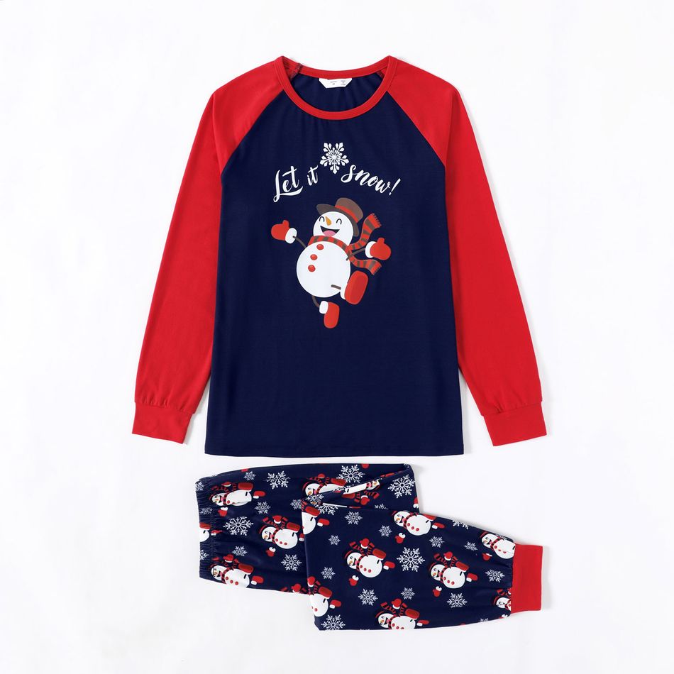 Christmas Family Matching Snowman & Letter Print Raglan-sleeve Pajamas Sets (Flame Resistant) Blue big image 2