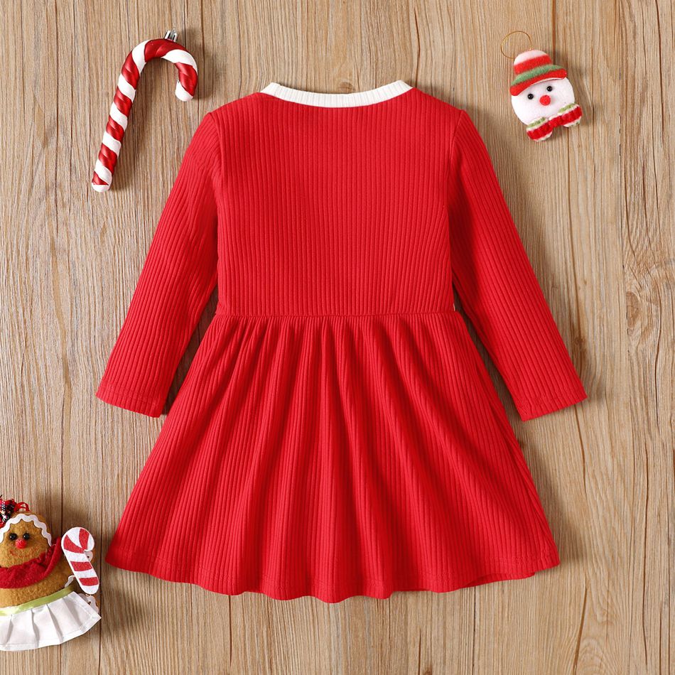 Toddler Girl Christmas Sweet Colorblock Button Design Cotton Long-sleeve Dress REDWHITE big image 2