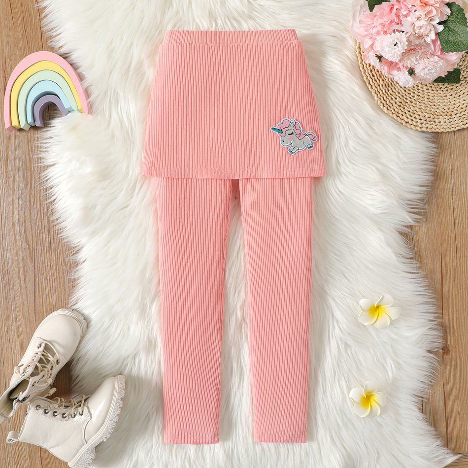 Kid Girl Unicorn Embroidered Ribbed Cotton Skirt Leggings Pink