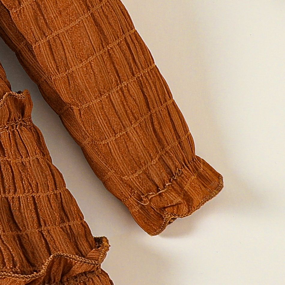 Baby Girl Brown Textured Cold Shoulder Long-sleeve Shirred Frill Trim Tiered Dress Brown big image 5