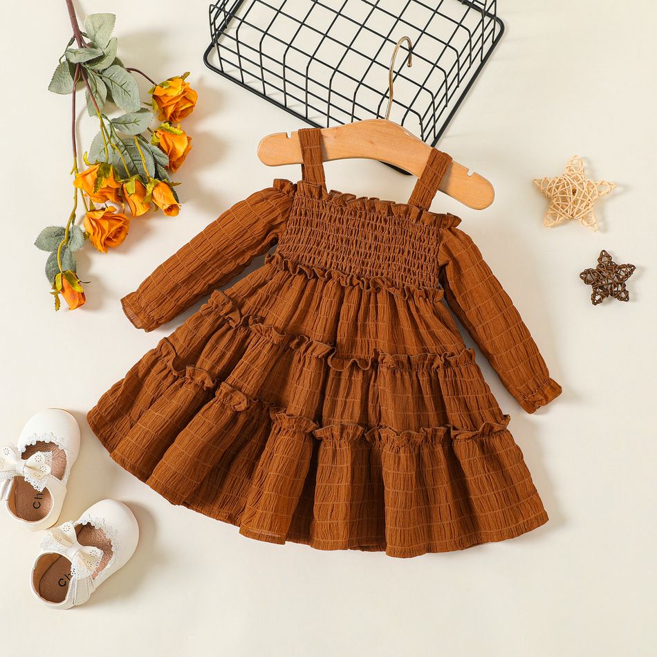 Baby Girl Brown Textured Cold Shoulder Long-sleeve Shirred Frill Trim Tiered Dress Brown big image 2