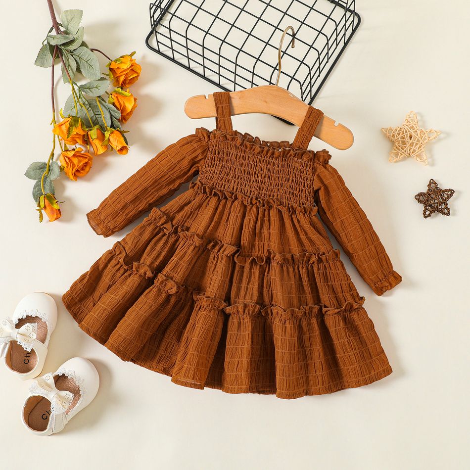 Baby Girl Brown Textured Cold Shoulder Long-sleeve Shirred Frill Trim Tiered Dress Brown