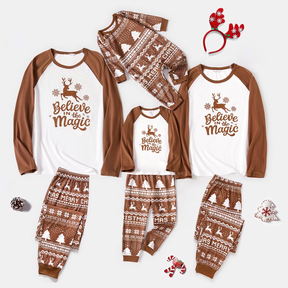 Christmas Family Matching Reindeer & Letter Print Raglan-sleeve Pajamas Sets (Flame Resistant) Khaki big image 1