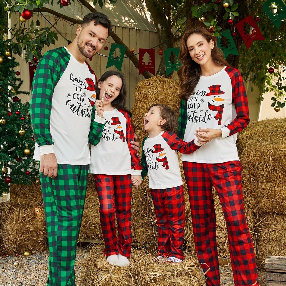 Christmas Family Matching Snowman & Letter Print Green and Red Plaid Raglan-sleeve Pajamas Sets (Flame Resistant) redblack