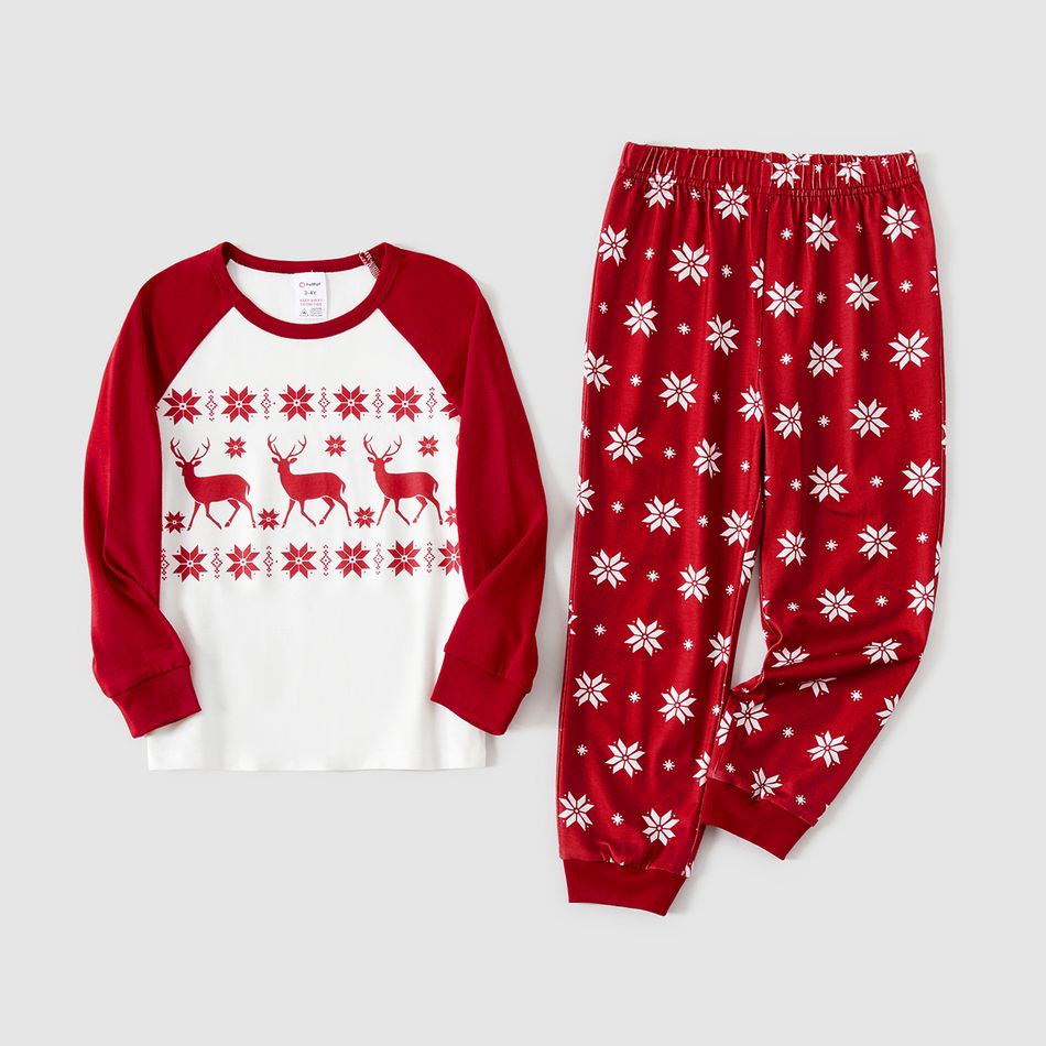Christmas Family Matching Reindeer & Snowflake Print Red Long-sleeve Pajamas Sets (Flame Resistant) Burgundy big image 10
