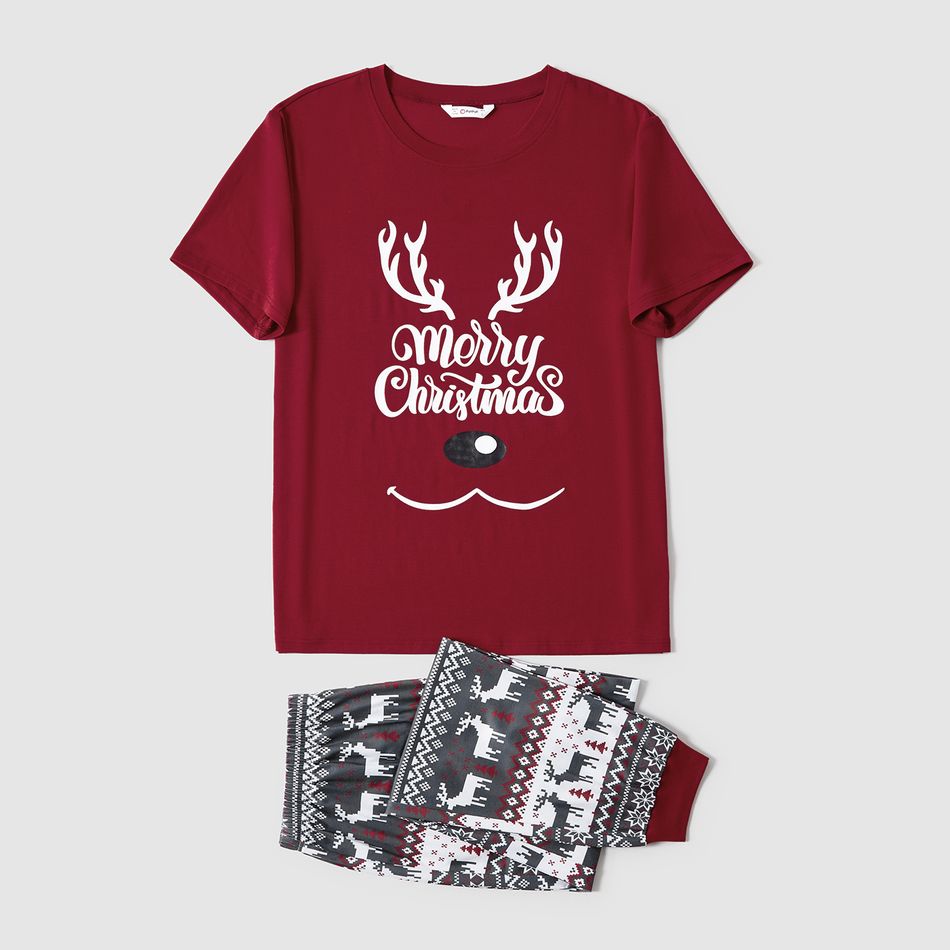 Christmas Family Matching Deer & Letter Print Short-sleeve Pajamas Sets (Flame Resistant) WineRed big image 2