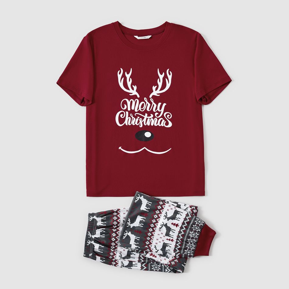 Christmas Family Matching Deer & Letter Print Short-sleeve Pajamas Sets (Flame Resistant) WineRed big image 7