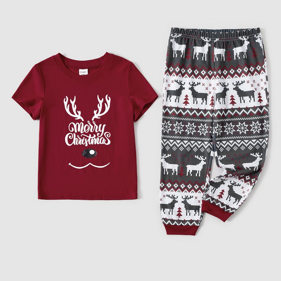 Christmas Family Matching Deer & Letter Print Short-sleeve Pajamas Sets (Flame Resistant) WineRed big image 9