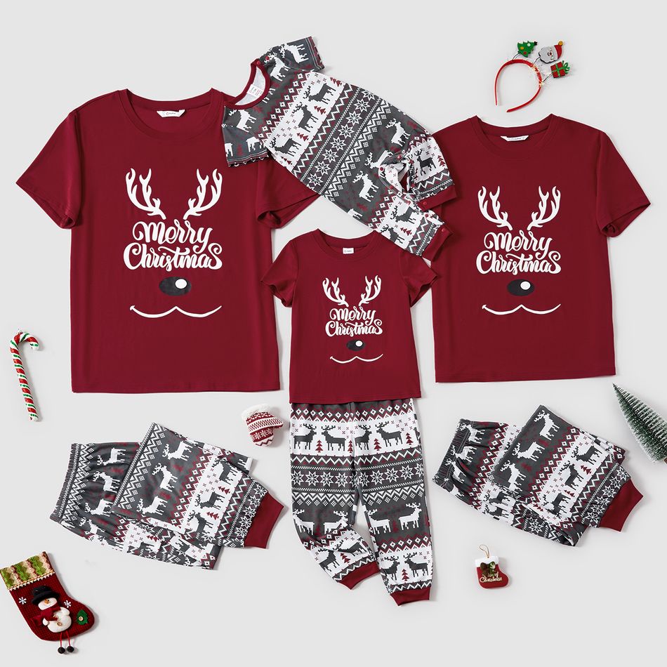Christmas Family Matching Deer & Letter Print Short-sleeve Pajamas Sets (Flame Resistant) WineRed