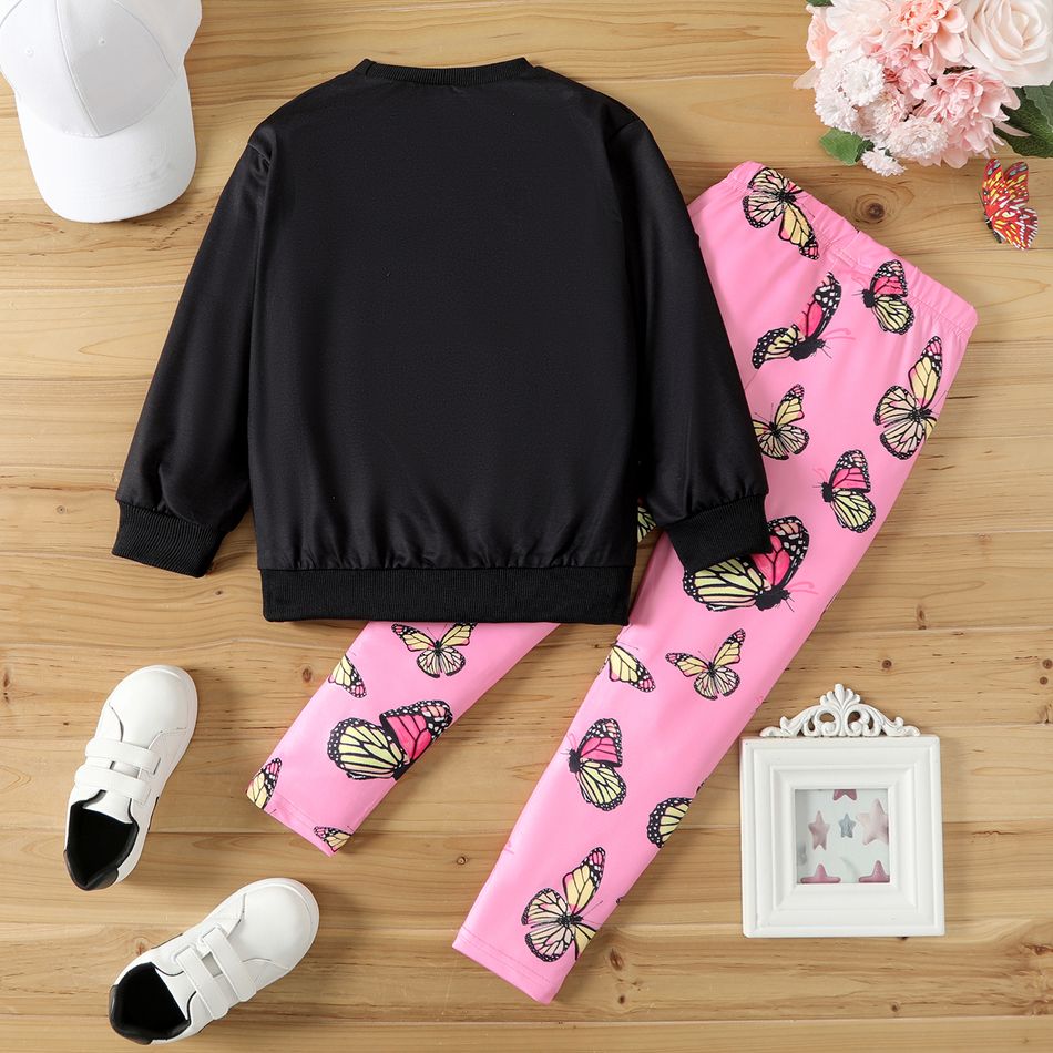 2pcs Kid Girl Butterfly Print Black Sweatshirt and Pink Leggings Set Black big image 2