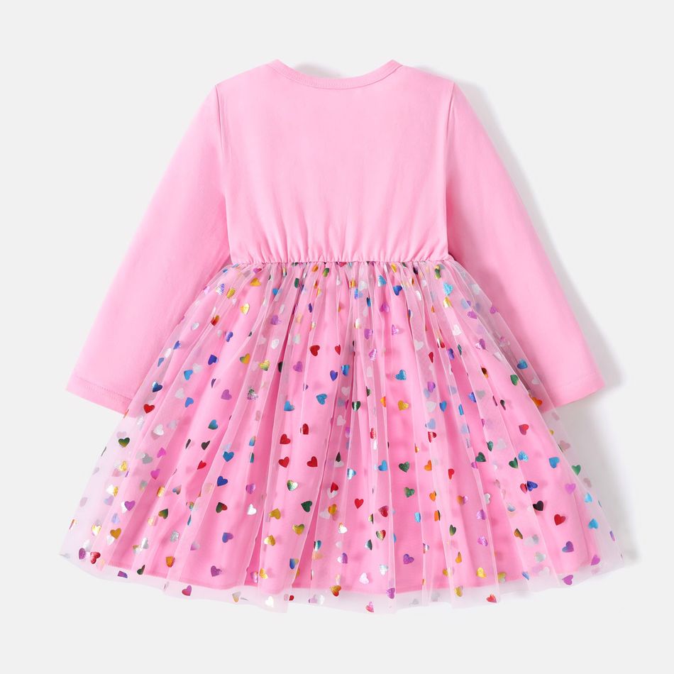 Barbie Toddler Girl Heart Glitter Mesh Splice Long-sleeve Cotton Dress Pink big image 2