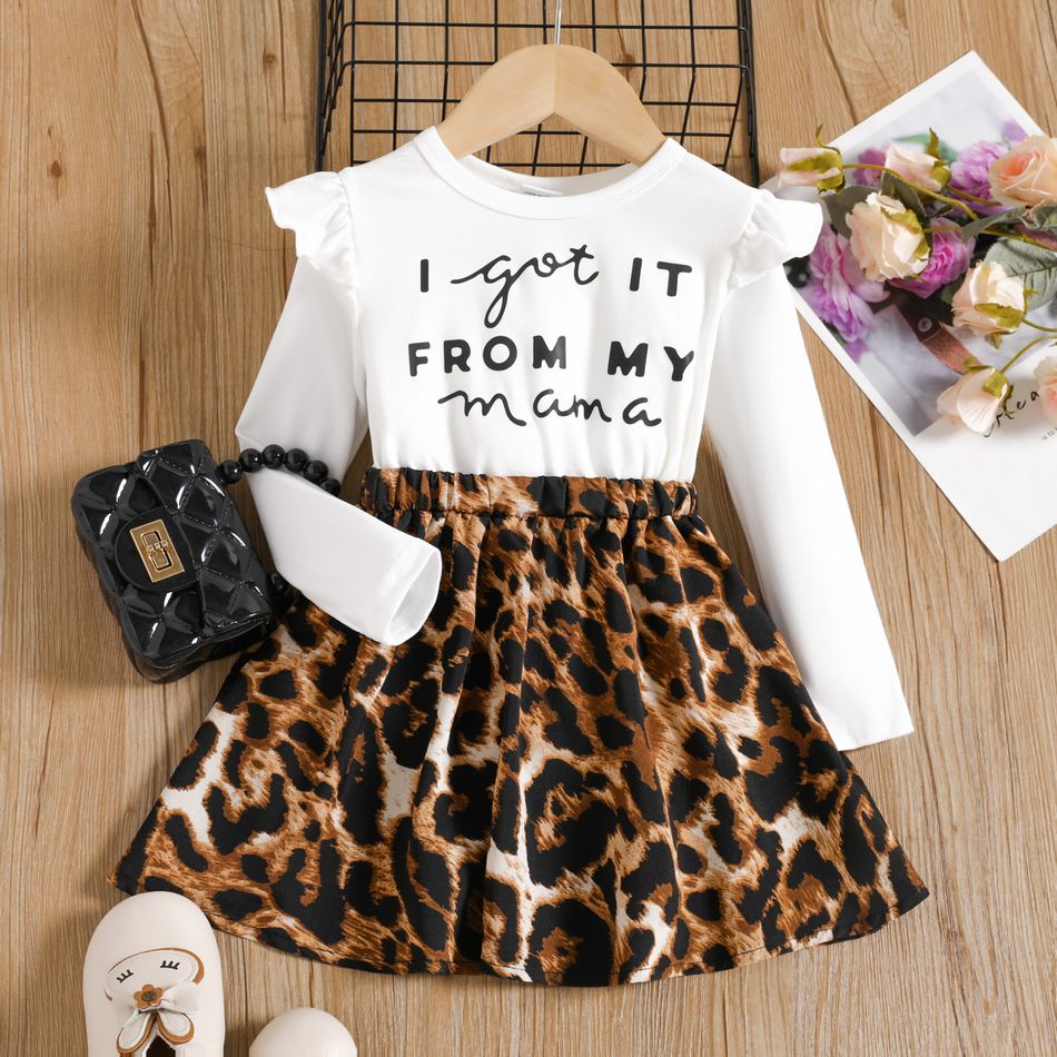 Toddler Girl Letter Leopard Print Splice Long-sleeve Dress White