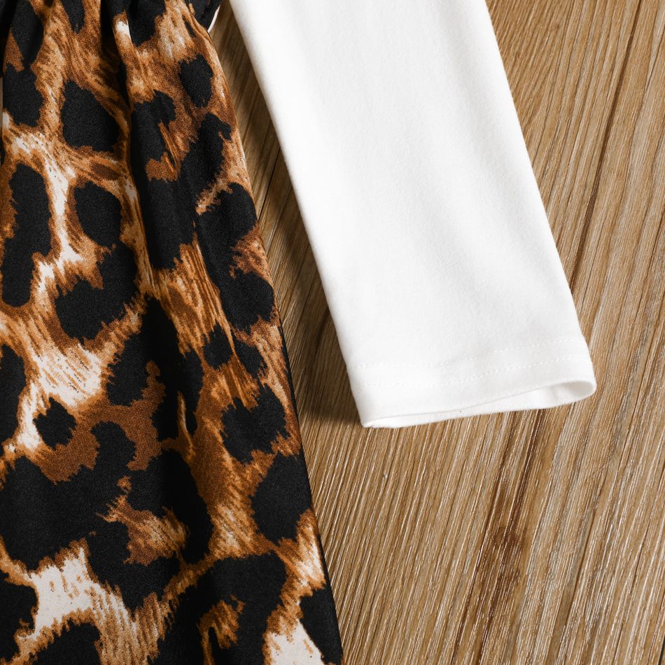 Toddler Girl Letter Leopard Print Splice Long-sleeve Dress White big image 3