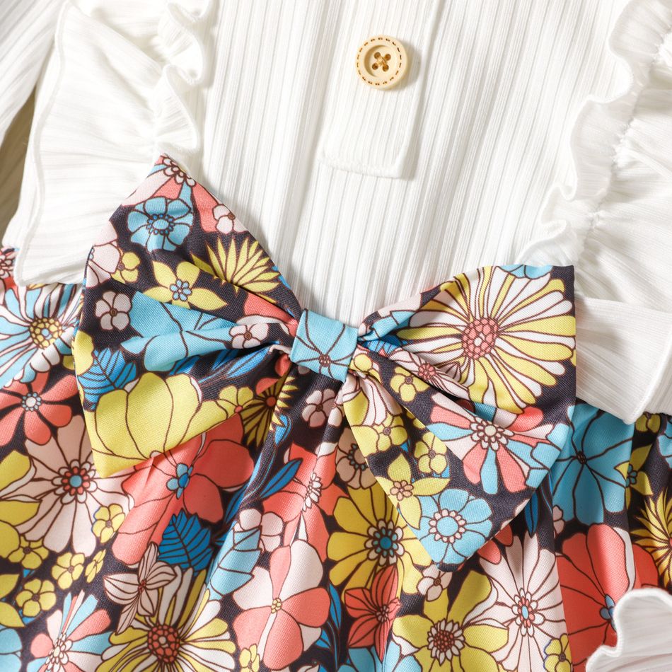 Toddler Girl Floral Print Ruffled Splice Bowknot Design Long-sleeve Dress Colorful big image 4
