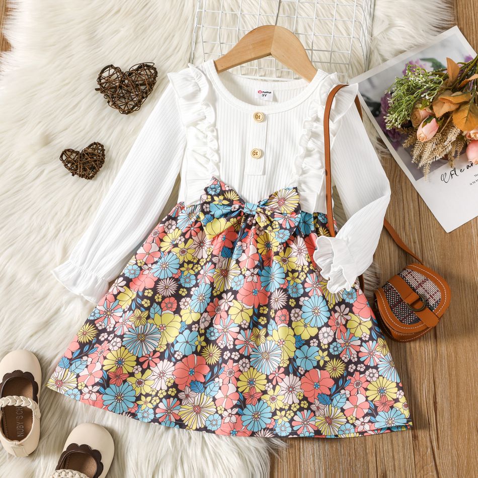 Toddler Girl Floral Print Ruffled Splice Bowknot Design Long-sleeve Dress Colorful