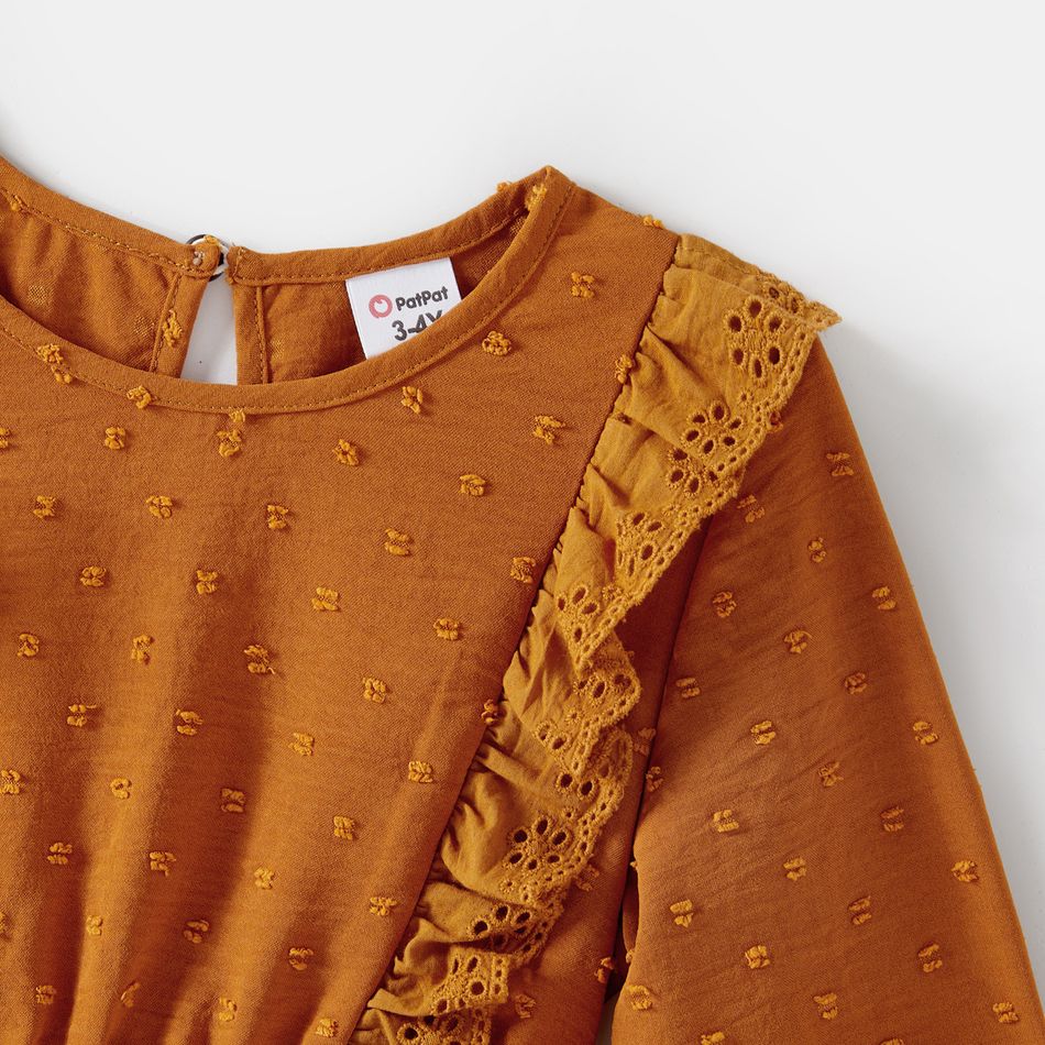 Family Matching Solid Swiss Dot Long-sleeve Ruffle Hem Dresses and Colorblock Striped Sweatshirts Sets Ginger big image 6