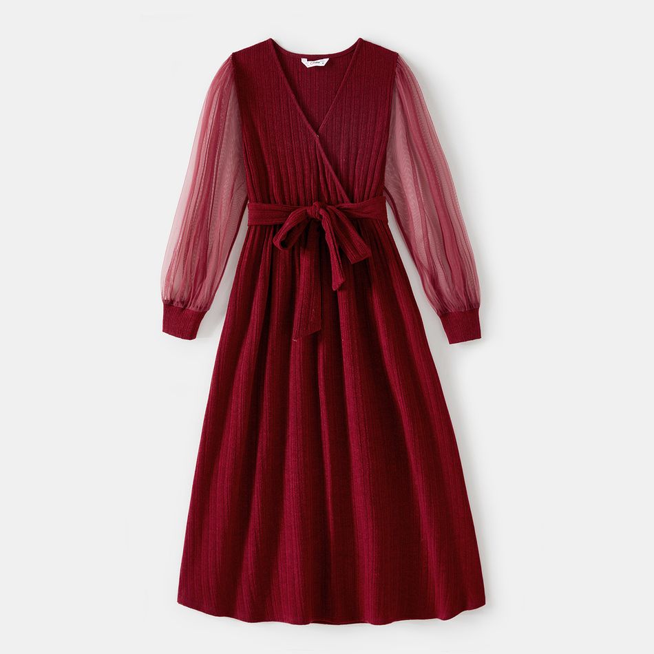 Family Matching 100% Cotton Plaid Shirts and Solid Rib Knit Surplice Neck Mesh Long-sleeve Dresses Sets Burgundy big image 2