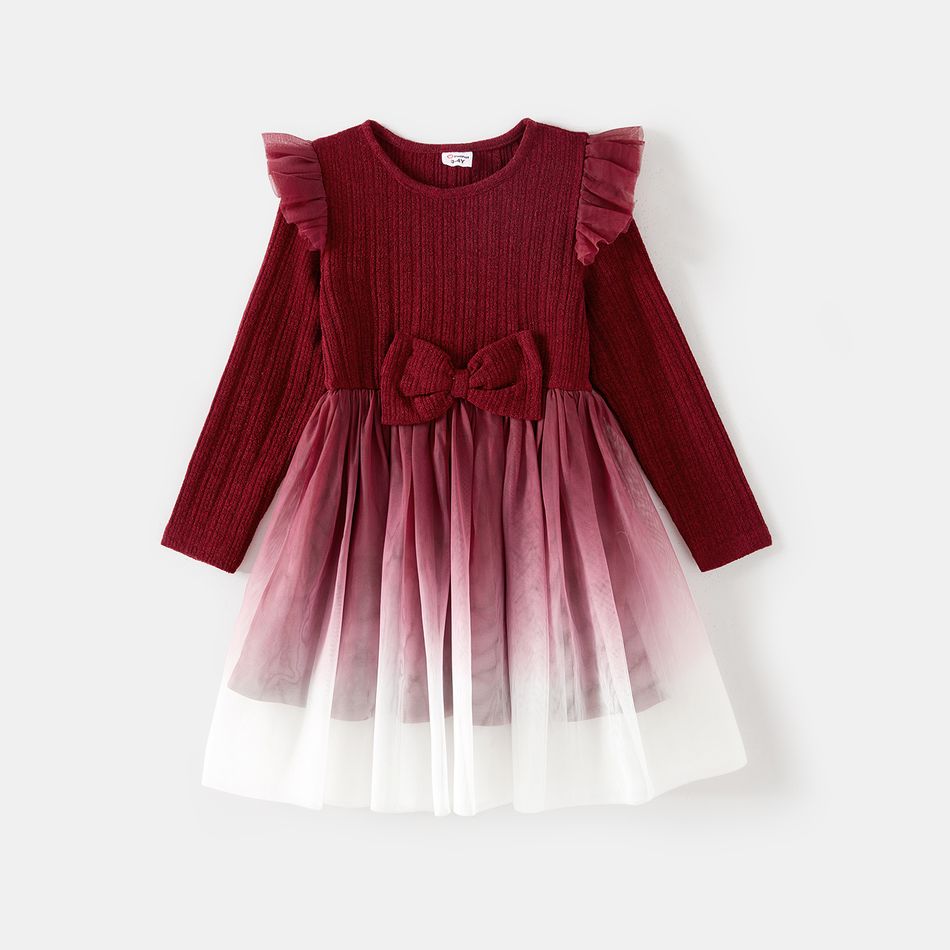 Family Matching 100% Cotton Plaid Shirts and Solid Rib Knit Surplice Neck Mesh Long-sleeve Dresses Sets Burgundy big image 7
