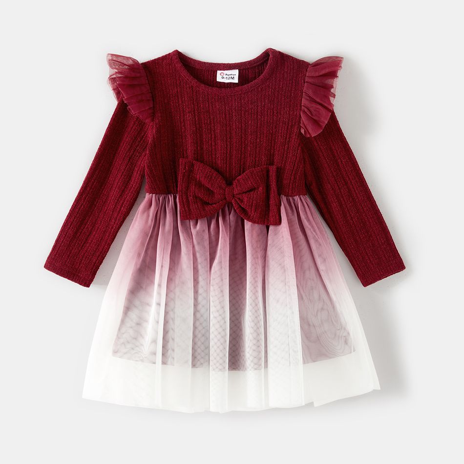 Family Matching 100% Cotton Plaid Shirts and Solid Rib Knit Surplice Neck Mesh Long-sleeve Dresses Sets Burgundy big image 10