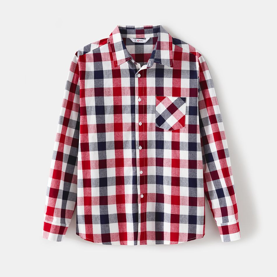 Family Matching 100% Cotton Plaid Shirts and Solid Rib Knit Surplice Neck Mesh Long-sleeve Dresses Sets Burgundy big image 13