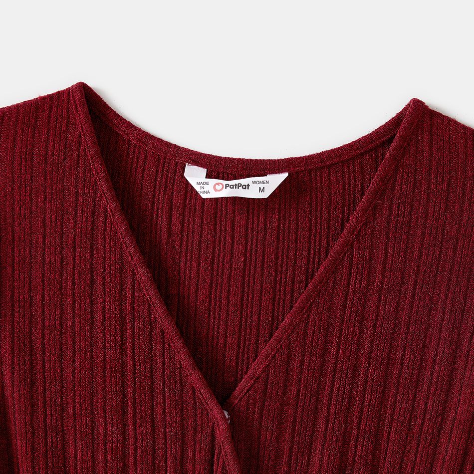 Family Matching 100% Cotton Plaid Shirts and Solid Rib Knit Surplice Neck Mesh Long-sleeve Dresses Sets Burgundy big image 3