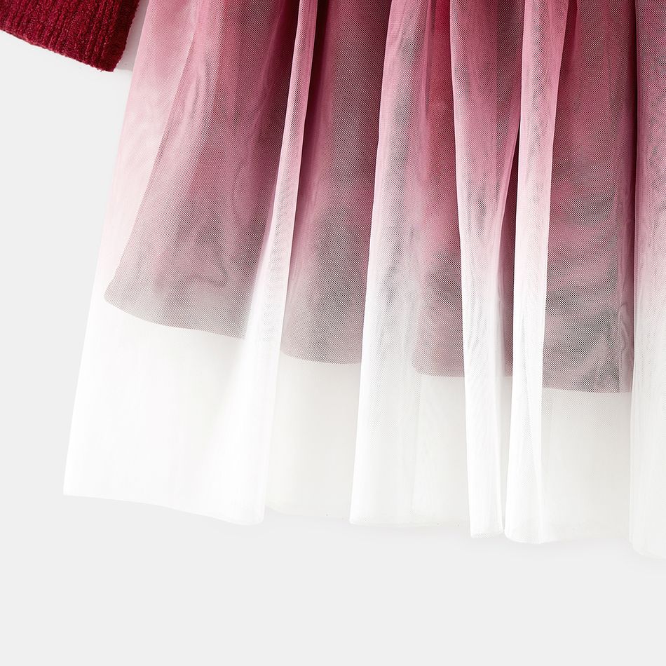 Family Matching 100% Cotton Plaid Shirts and Solid Rib Knit Surplice Neck Mesh Long-sleeve Dresses Sets Burgundy big image 12