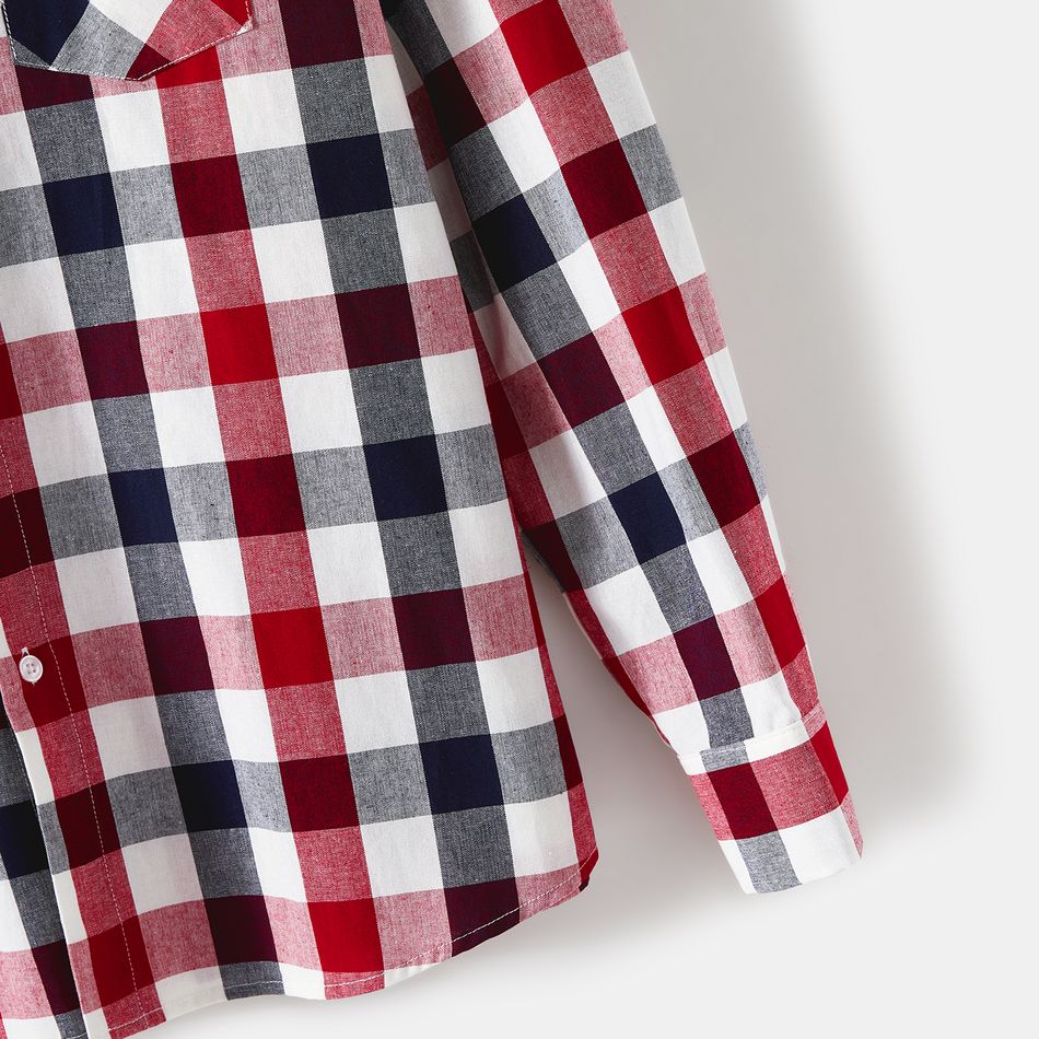 Family Matching 100% Cotton Plaid Shirts and Solid Rib Knit Surplice Neck Mesh Long-sleeve Dresses Sets Burgundy big image 16