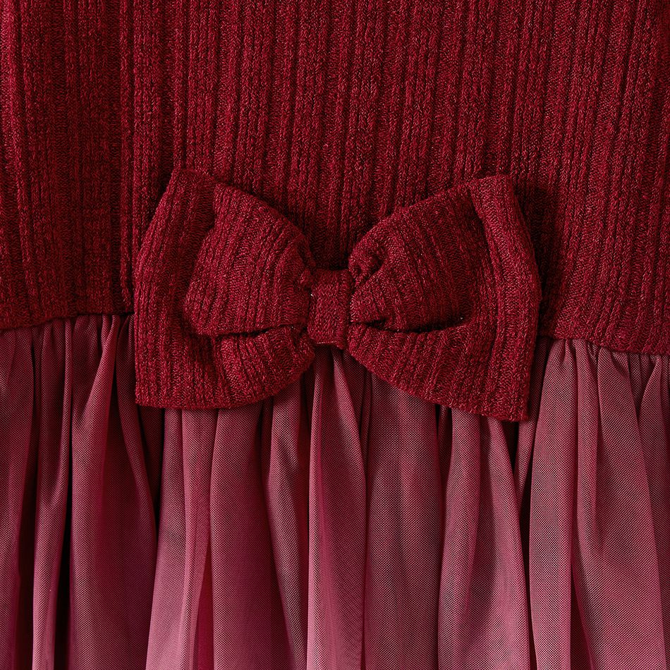 Family Matching 100% Cotton Plaid Shirts and Solid Rib Knit Surplice Neck Mesh Long-sleeve Dresses Sets Burgundy big image 9