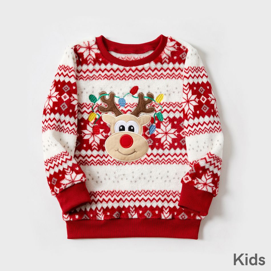 Christmas Family Matching Reindeer Embroidered Allover Pattern Long-sleeve Fuzzy Flannel Tops Multi-color big image 7