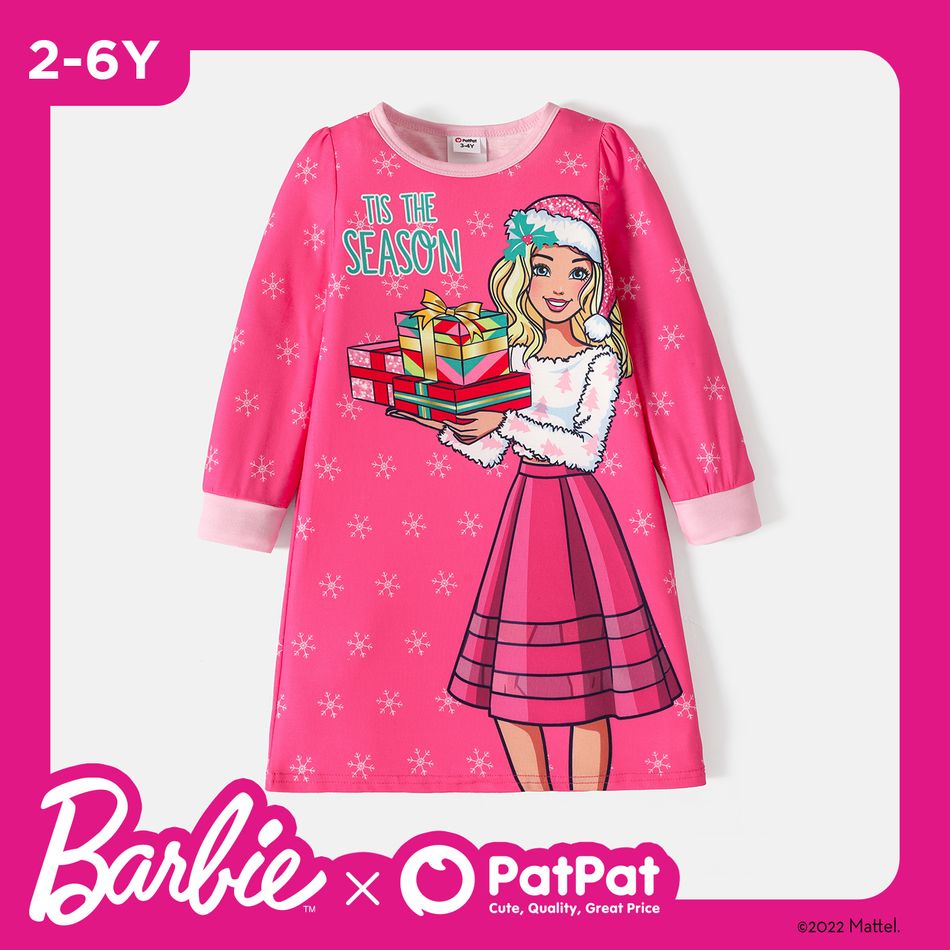 Barbie Toddler Girl Christmas Snowflake Print Long-sleeve Dress Pink