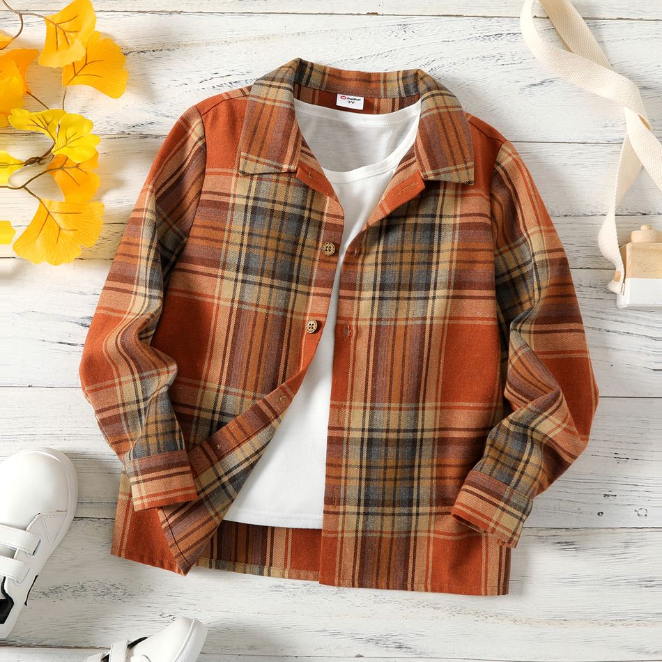 Kid Boy Lapel Collar Plaid Long-sleeve Shirt (Tee is not included) Brown big image 1