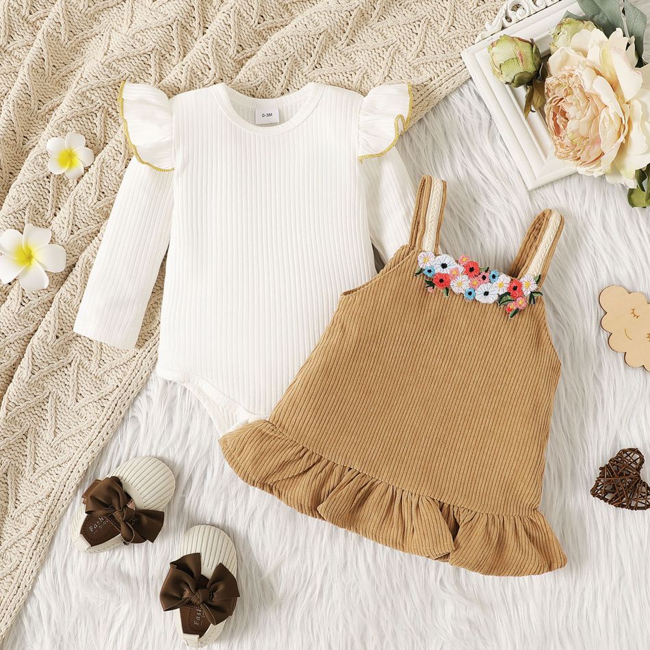 2pcs Baby Girl 95% Cotton Ribbed Ruffle Long-sleeve Romper and Floral Embroidered Ruffle Hem Corduroy Cami Dress Set Khaki big image 2
