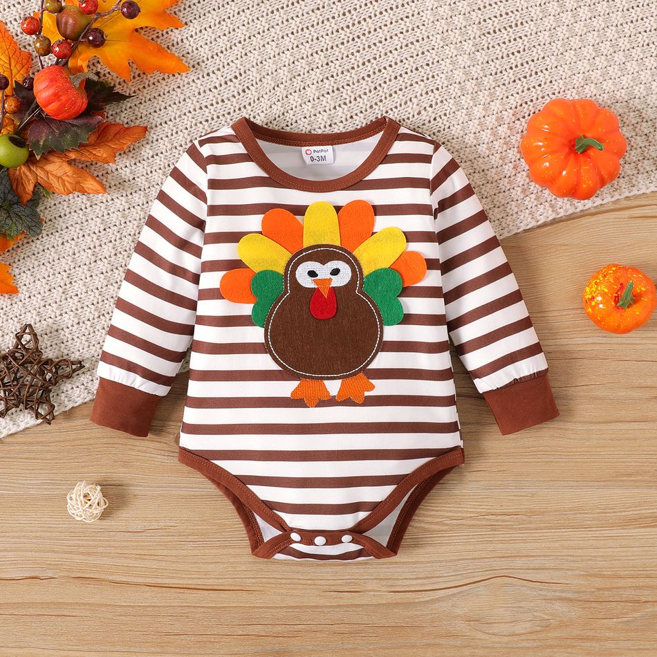 Thanksgiving Day Baby Boy/Girl Turkey Graphic Long-sleeve Striped Romper Brown
