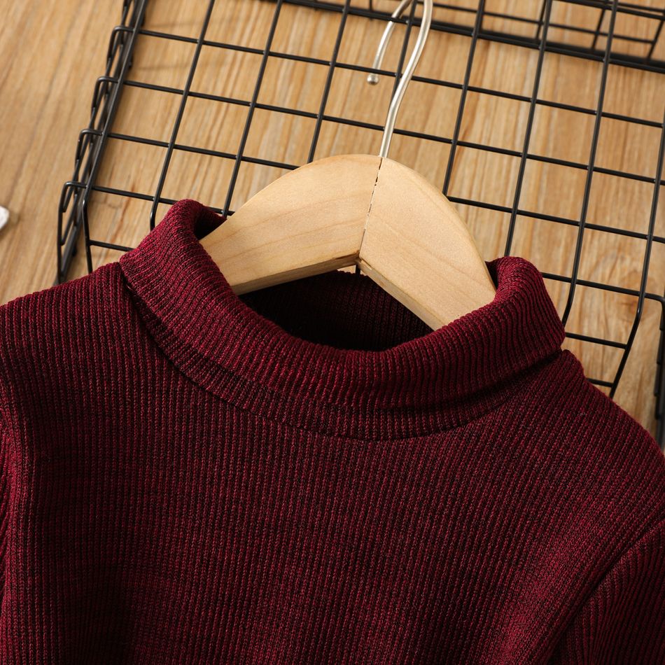 Toddler Girl Solid Color Turtleneck Ribbed Sweater Dress (Belt is not included) Burgundy big image 4