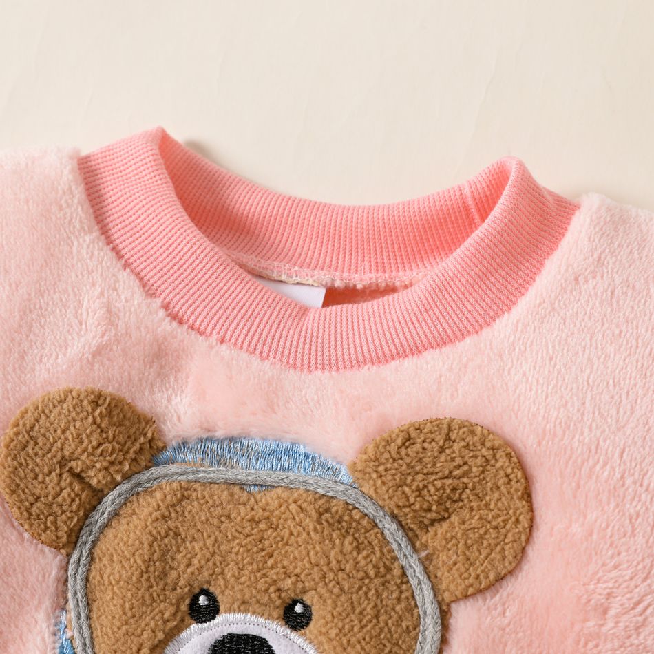 Toddler Teddy Bear Applique Long-sleeve Flannelette Set Pink big image 5