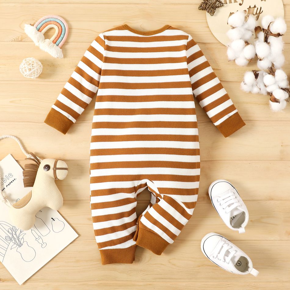 Baby Boy/Girl 95% Cotton Ribbed Striped Long-sleeve Jumpsuit with Pocket Brown big image 3