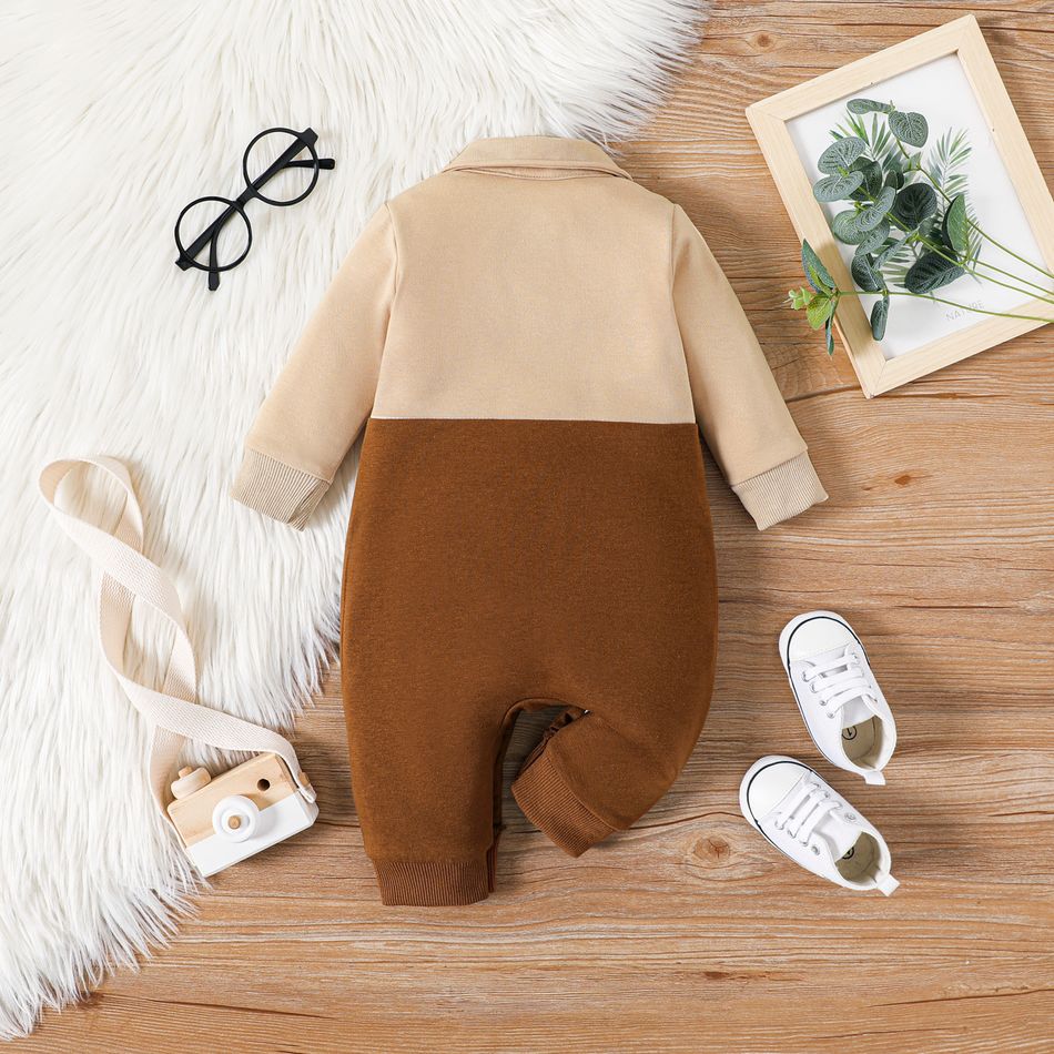 Baby Boy Gentleman Waistcoat Faux-two Long-sleeve Spliced Jumpsuit Party Outfit Brown big image 2