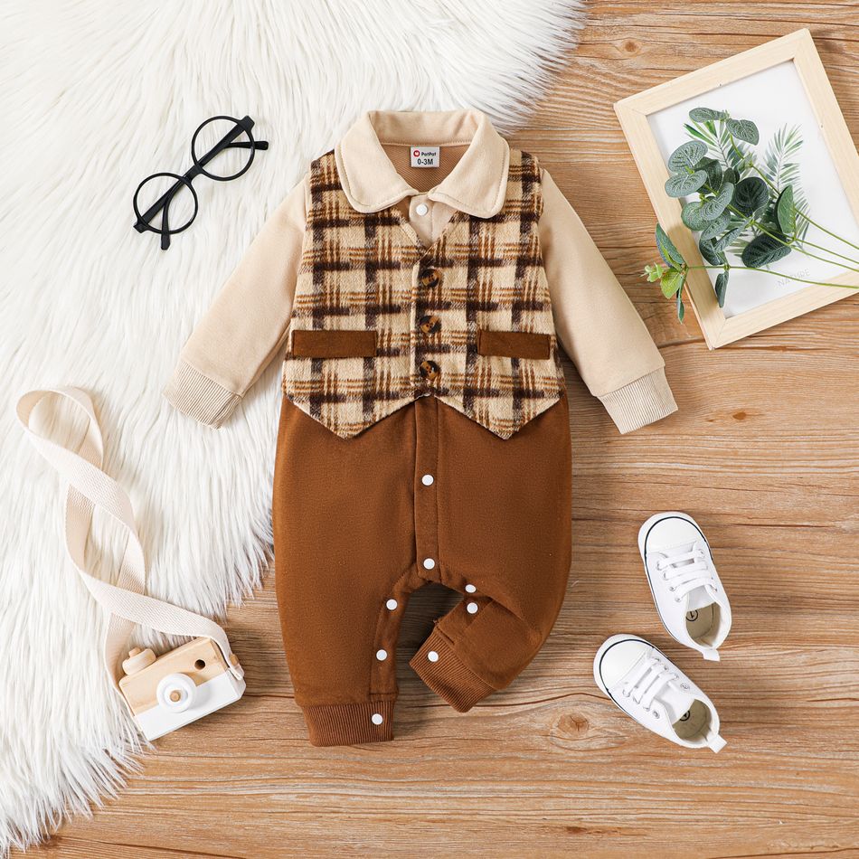 Baby Boy Gentleman Waistcoat Faux-two Long-sleeve Spliced Jumpsuit Party Outfit Brown