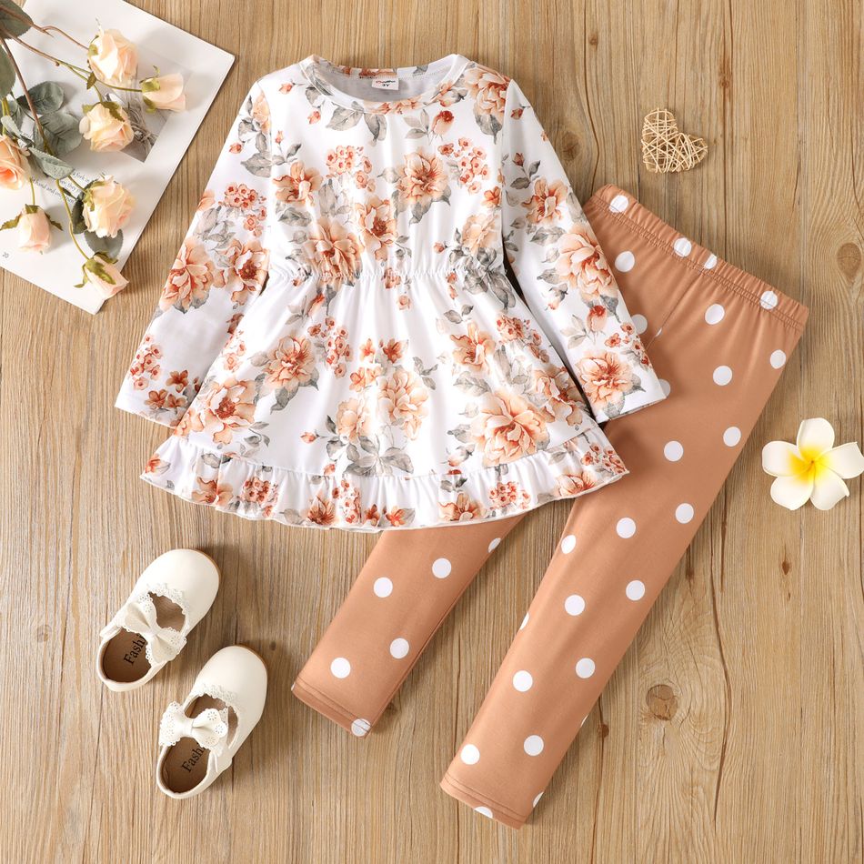 2pcs Toddler Girl Floral Print Ruffle Hem Long-sleeve Tee and Polka dots Leggings Set Brown big image 1