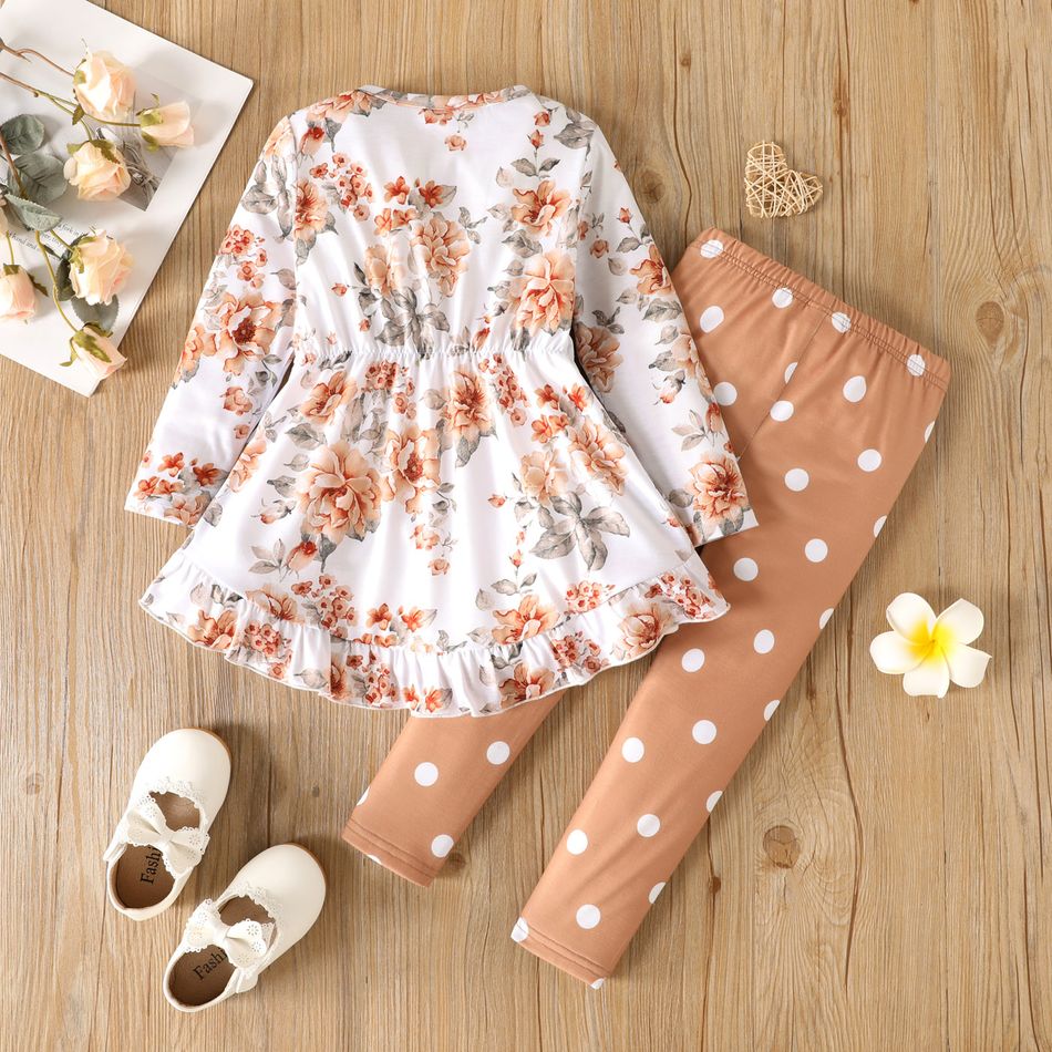 2pcs Toddler Girl Floral Print Ruffle Hem Long-sleeve Tee and Polka dots Leggings Set Brown big image 2