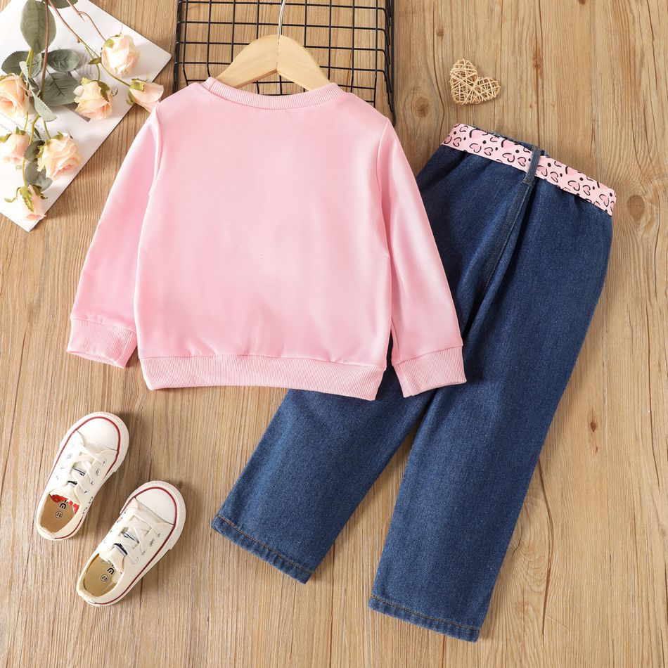 2pcs Toddler Girl Trendy Patchwork Ripped Denim Jeans and Figure Print Sweatshirt Set Pink big image 3