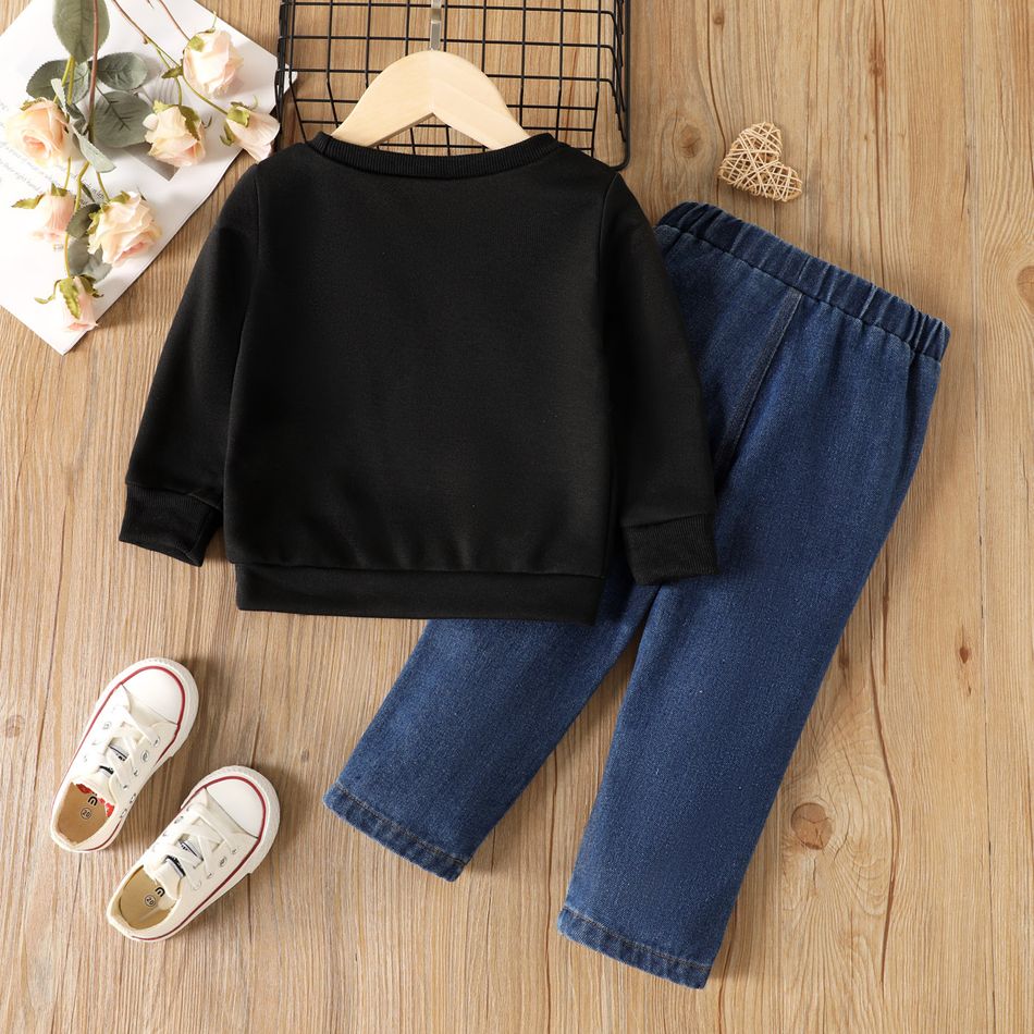 2pcs Toddler Girl Trendy Patchwork Ripped Denim Jeans and Leopard Print Sweatshirt Set Black big image 2
