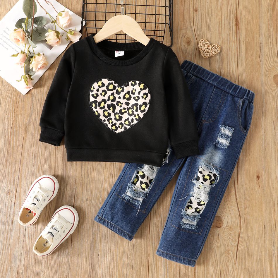 2pcs Toddler Girl Trendy Patchwork Ripped Denim Jeans and Leopard Print Sweatshirt Set Black big image 1