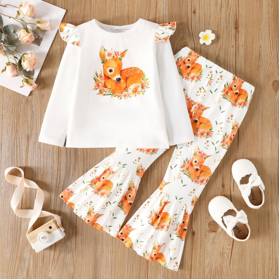2pcs Toddler Girl Floral Deer Print Long-sleeve Tee and Flared Pants Set White big image 1