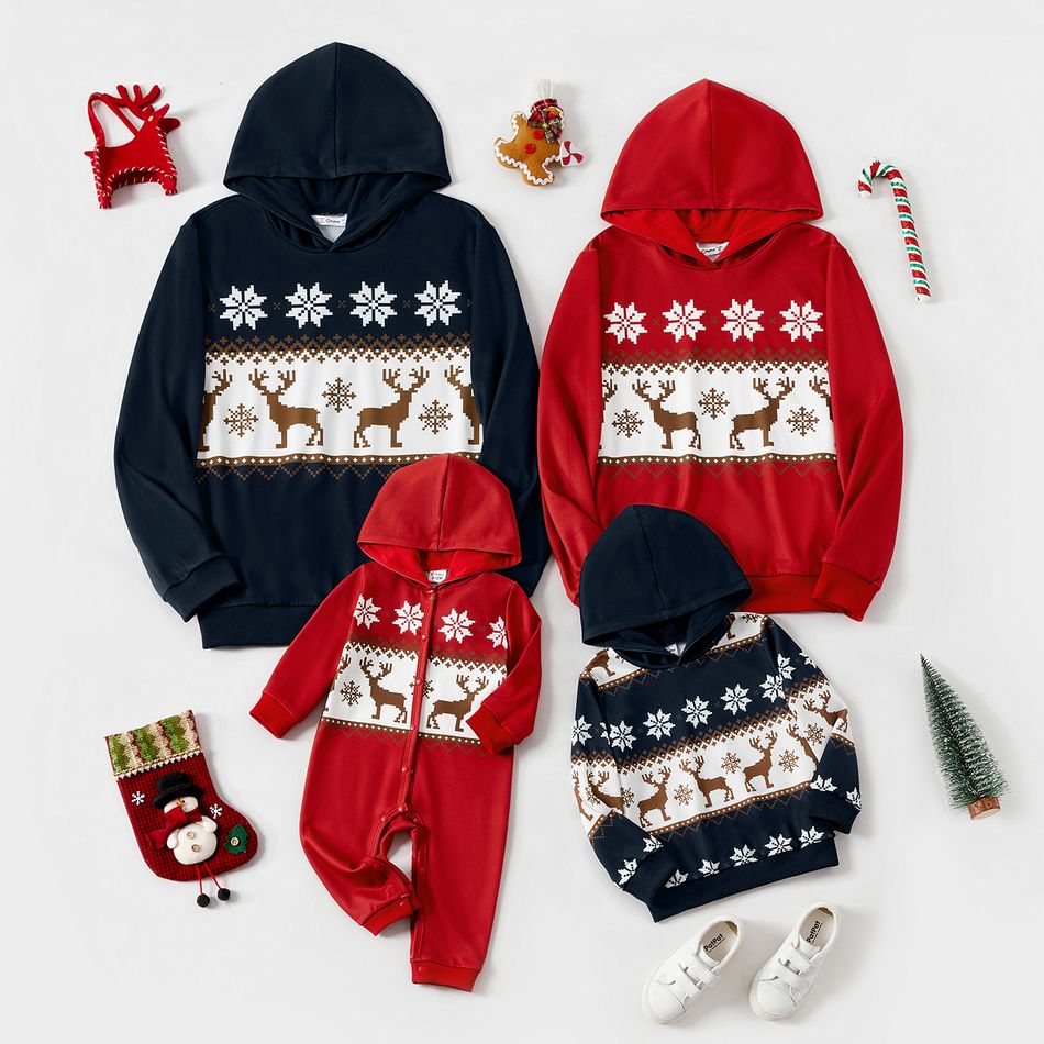 Christmas Family Matching Allover Deer & Snowflake Print Long-sleeve Hoodies ColorBlock