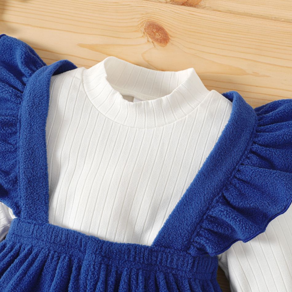 2pcs Baby Girl Solid Ribbed Mock Neck Long-sleeve Top and Polar Fleece Ruffle Trim Suspender Pants Set BLUEWHITE big image 3