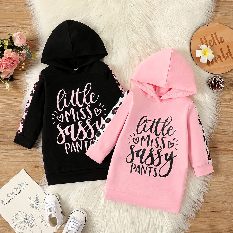 Baby Girl Letter Print Leopard Spliced Long-sleeve Hoodie Dress Pink