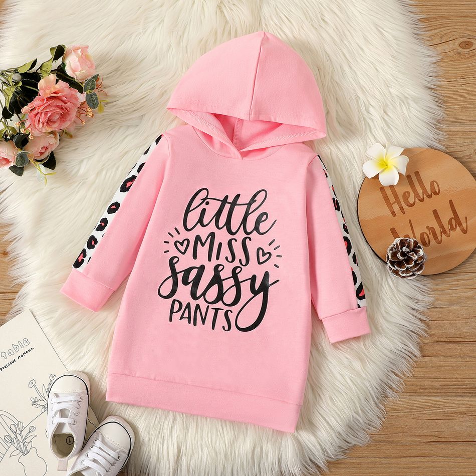 Baby Girl Letter Print Leopard Spliced Long-sleeve Hoodie Dress Pink