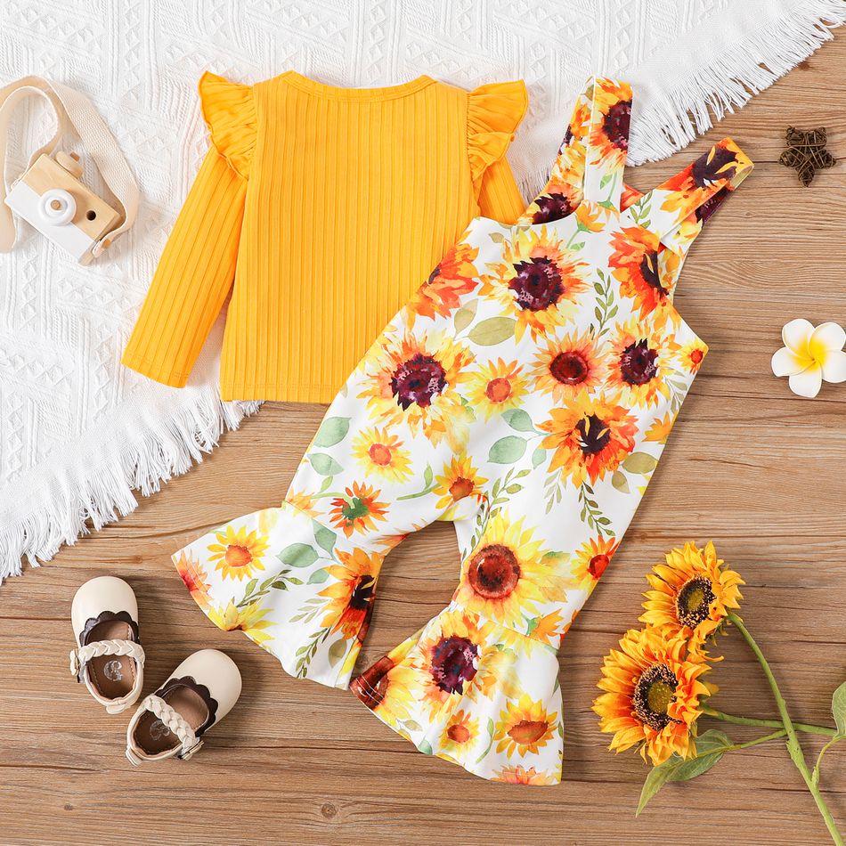 2pcs Baby Girl Yellow Ribbed Ruffle Long-sleeve Top and Allover Sunflower Floral Print Bell Bottom Overalls Set DarkOrange big image 2